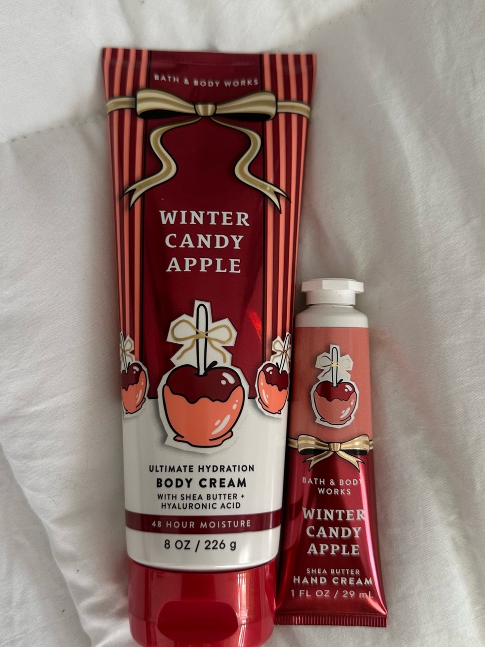 Bath & Body Works Winter Candy Apple Body Cream & Hand Cream - red, white, gold